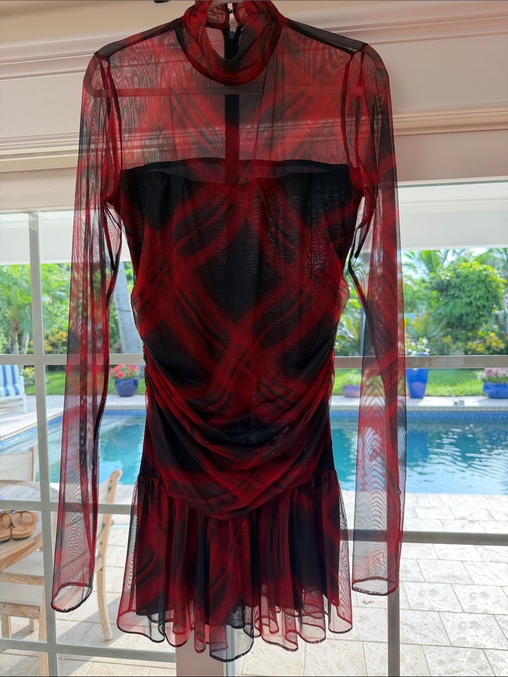 Amanda Uprichard Red and Black Sheer Long-Sleeve Mini Dress